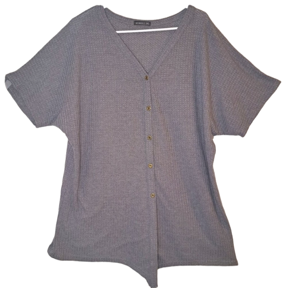 Miholl Gray Waffle Knit Top With Buttons Plus Size XXL